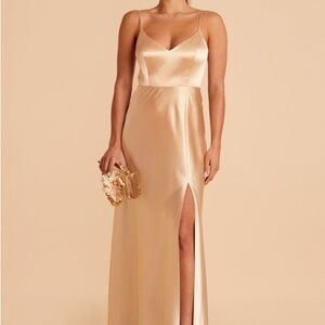 Floor length gold satin dress from Birdy Grey. Spaghetti straps with slit - Jay